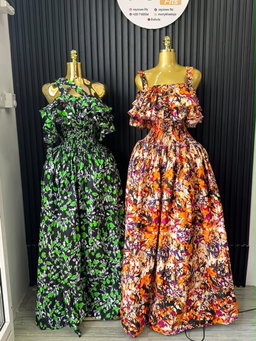 Green Floral Ruffle Gown & Orange Multicolor Ruffle Gown