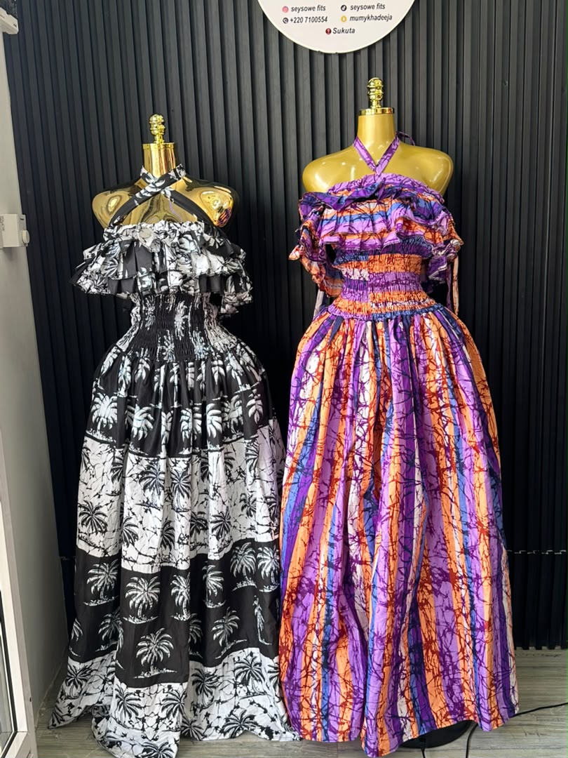 Black & White Palm Print Ruffle Gown & Purple Batik Ruffle Gown