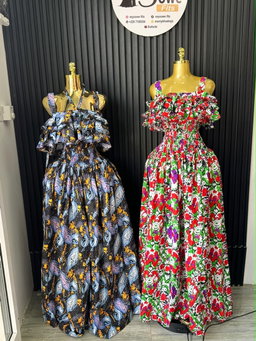 Blue Leaf Print Ruffle Gown & Red Floral Ruffle Gown