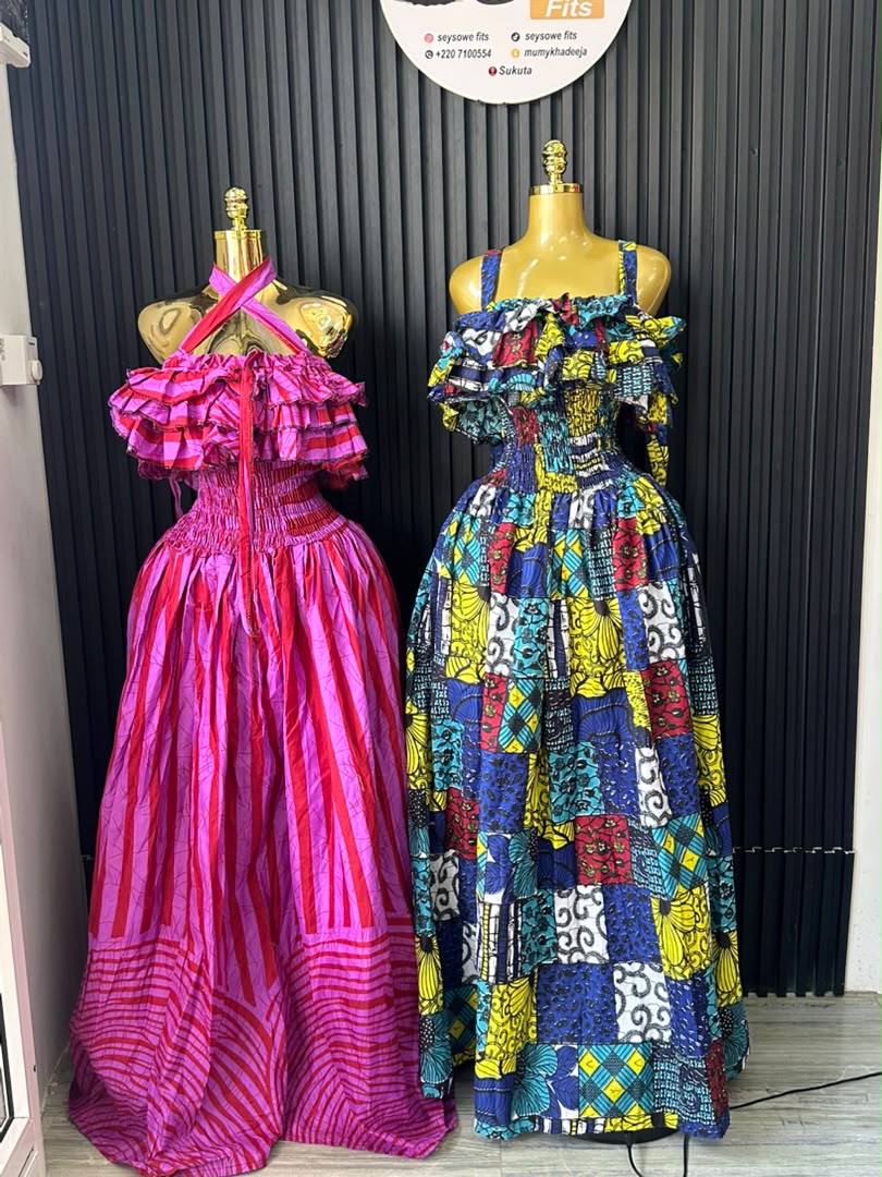 Pink Stripe Ruffle Gown & Multicolor Patchwork Ruffle Gown