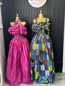 Pink Stripe Ruffle Gown & Multicolor Patchwork Ruffle Gown