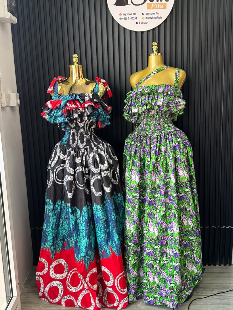 Black & Red Circle Print Ruffle Gown & Green Floral One-Shoulder Ruffle Gown_0