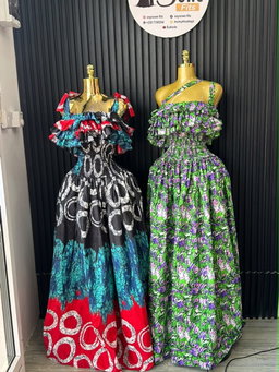 Black & Red Circle Print Ruffle Gown & Green Floral One-Shoulder Ruffle Gown