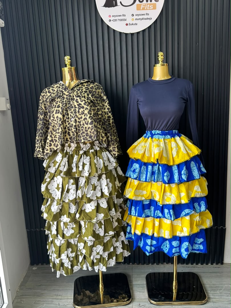 Olive Floral Ruffle Skirt & Blue-Yellow Batik Ruffle Skirt