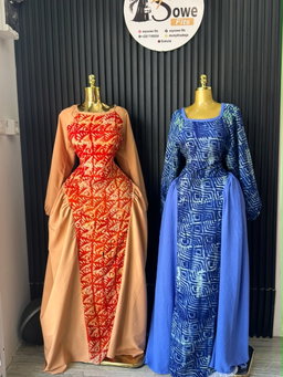 Draped-Sleeve Batik Panel Gowns