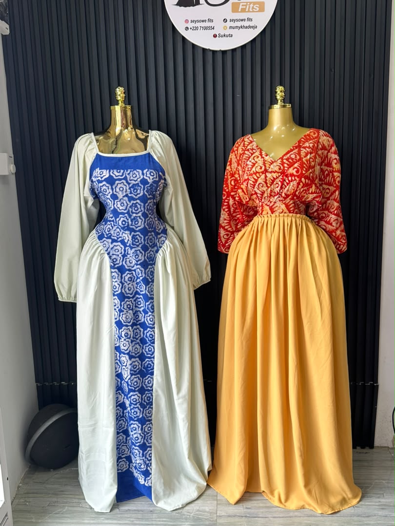 Sage Floral Panel Gown & Red-Gold Batik Panel Gown