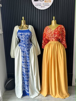 Sage Floral Panel Gown & Red-Gold Batik Panel Gown