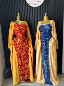 Mustard XO Print Panel Gown & Mustard Blue Batik Panel Gown