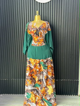 Green & Autumn Leaf Print Maxi Dress
