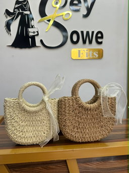 Woven Straw Bag with Ribbon Tie (Cream & Tan)
