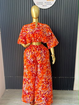 Orange Marble Crop Top & Wide-Leg Pant Set