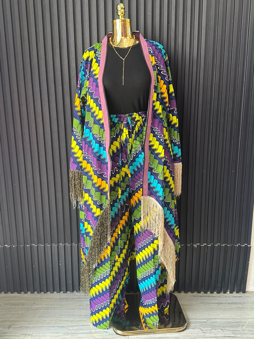 Multicolor Swirl Fringed Duster & Pant Set