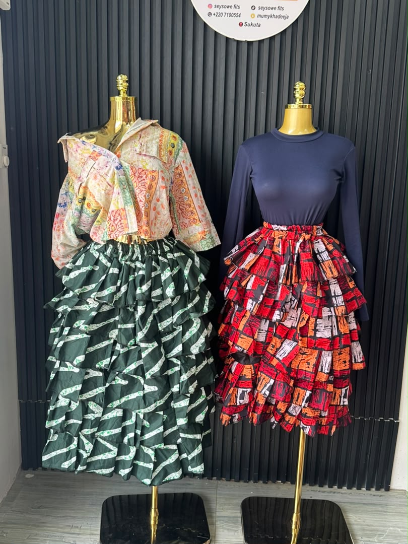 Cream Floral Tiered Ruffle Skirt & Red-Orange Print Tiered Ruffle Skirt