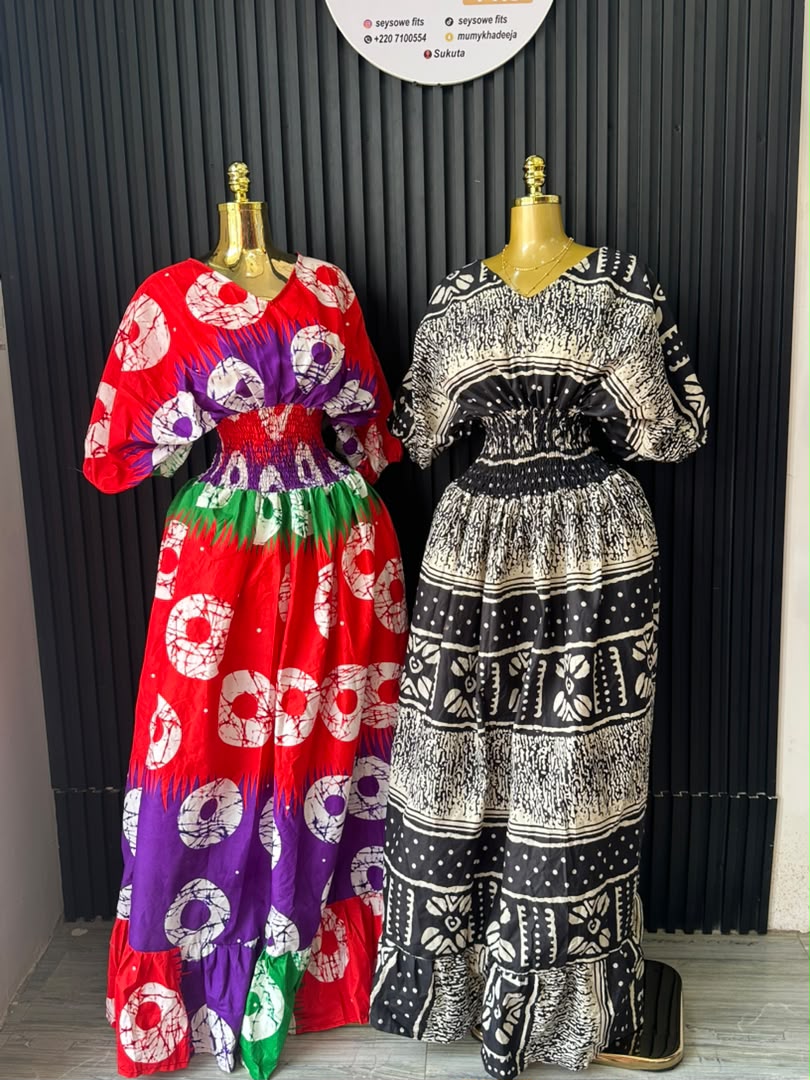 Red-Purple Circle Print Maxi Dress & Black-White Tribal Maxi Dress