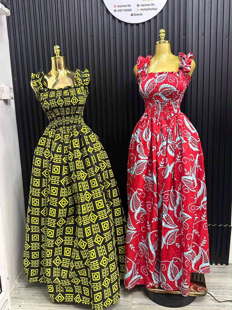 Yellow Geometric Halter Gown & Red Leaf Print Halter Gown