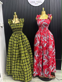 Yellow Geometric Halter Gown & Red Leaf Print Halter Gown