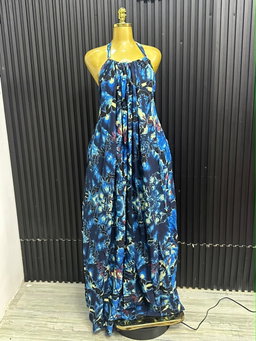 Navy Blue Floral Tie-Dye Halter Maxi Dress