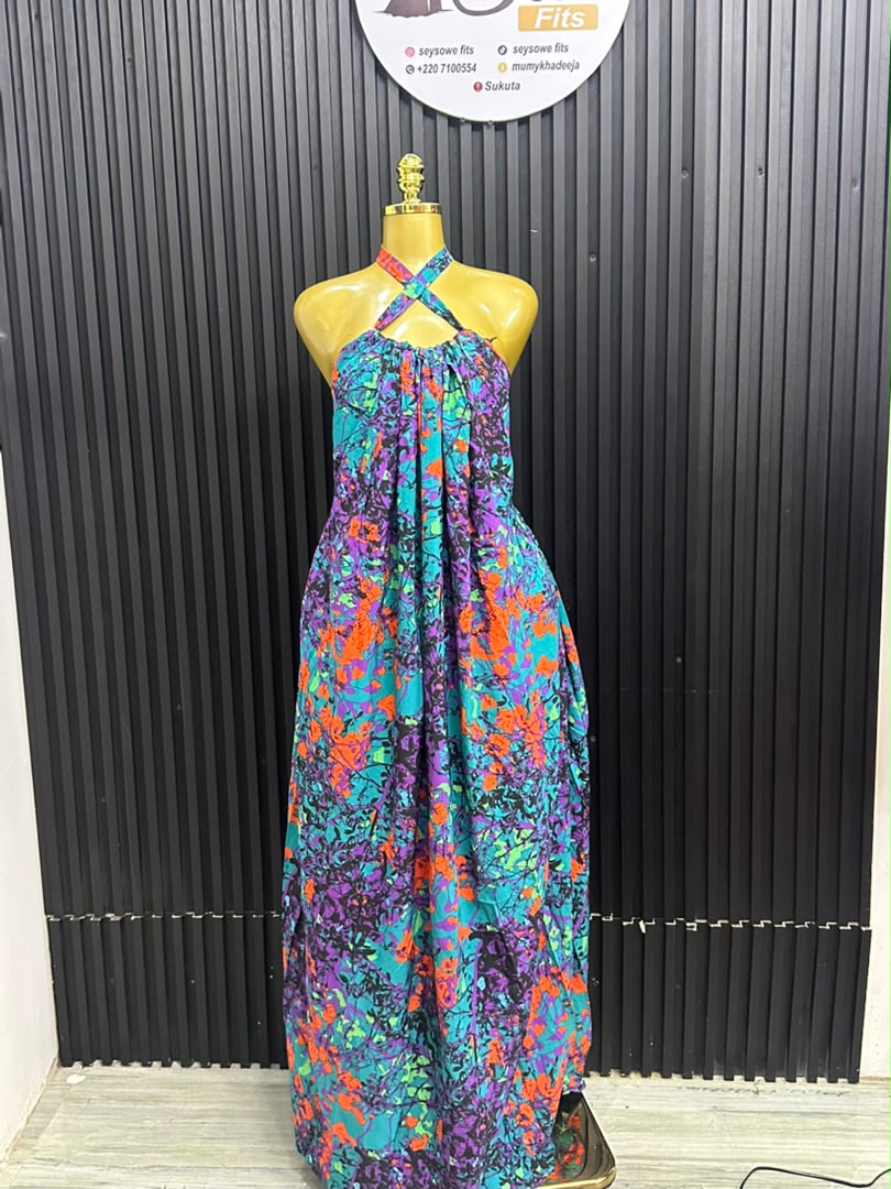 Purple-Teal Abstract Print Halter Maxi Dress