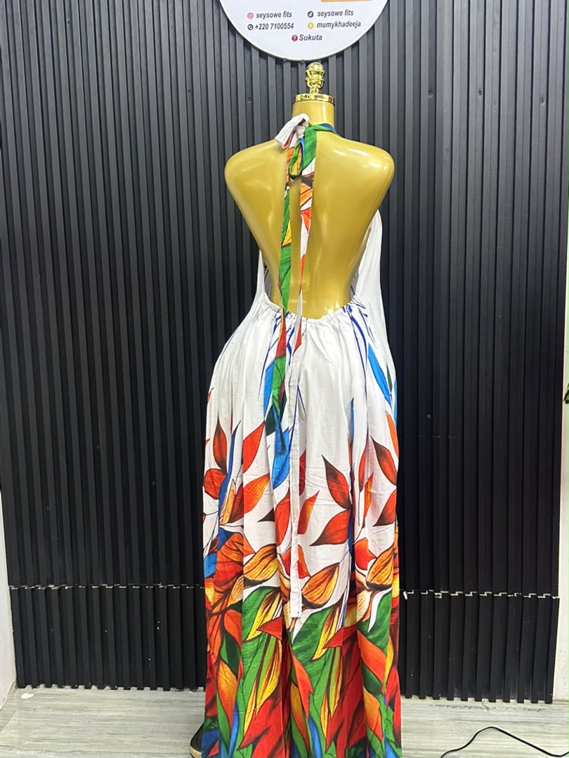 White Leaf Print Open-Back Halter Maxi Dress