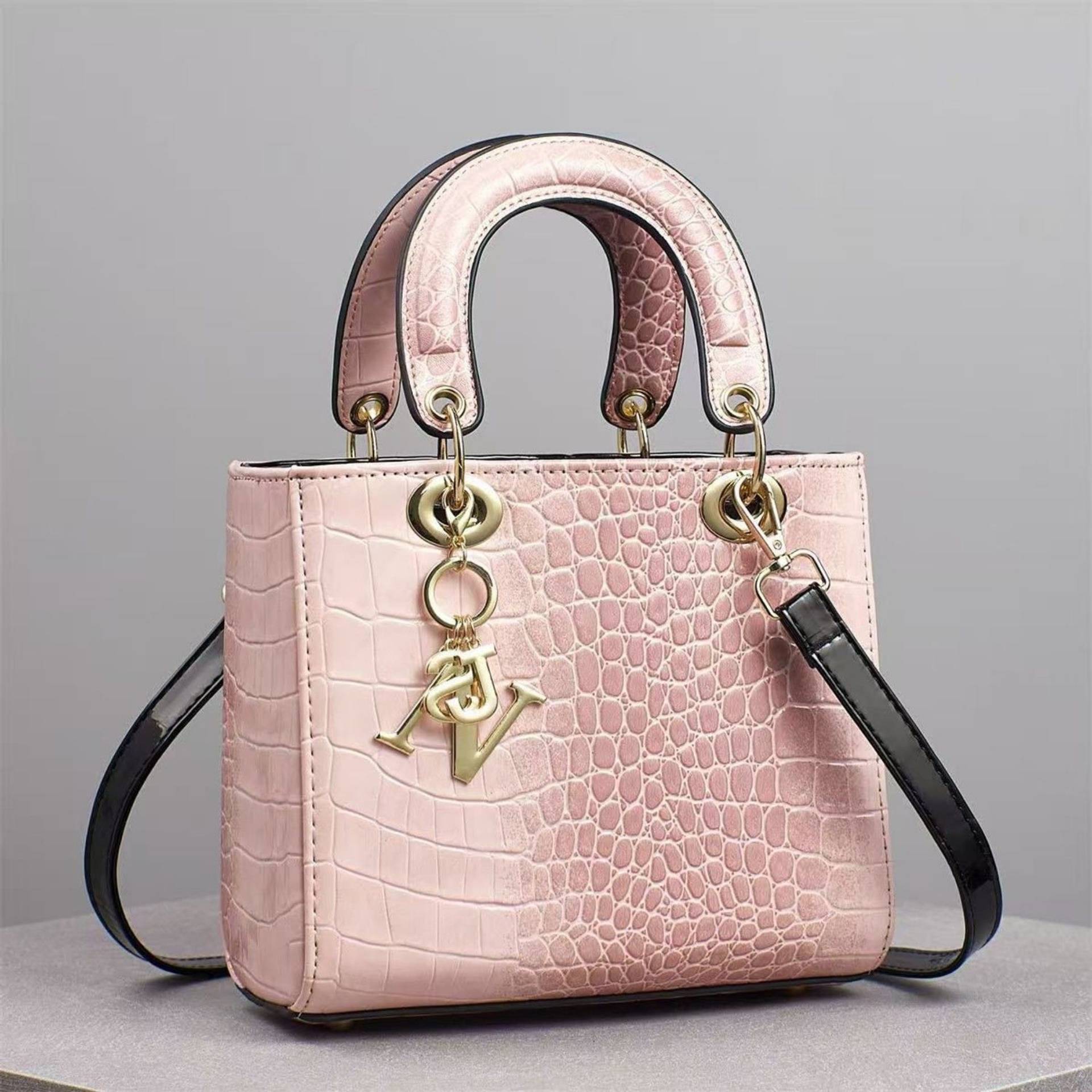 Pink Croc-Embossed Top-Handle Bag_0