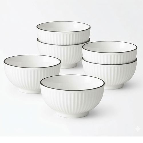 Sundabest 6 PCS Set Stylish Ceramic Bowls – White Ribbed Design with Black Rim - Multifunctional.