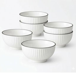 Sundabest 6 PCS Set Stylish Ceramic Bowls – White Ribbed Design with Black Rim - Multifunctional.