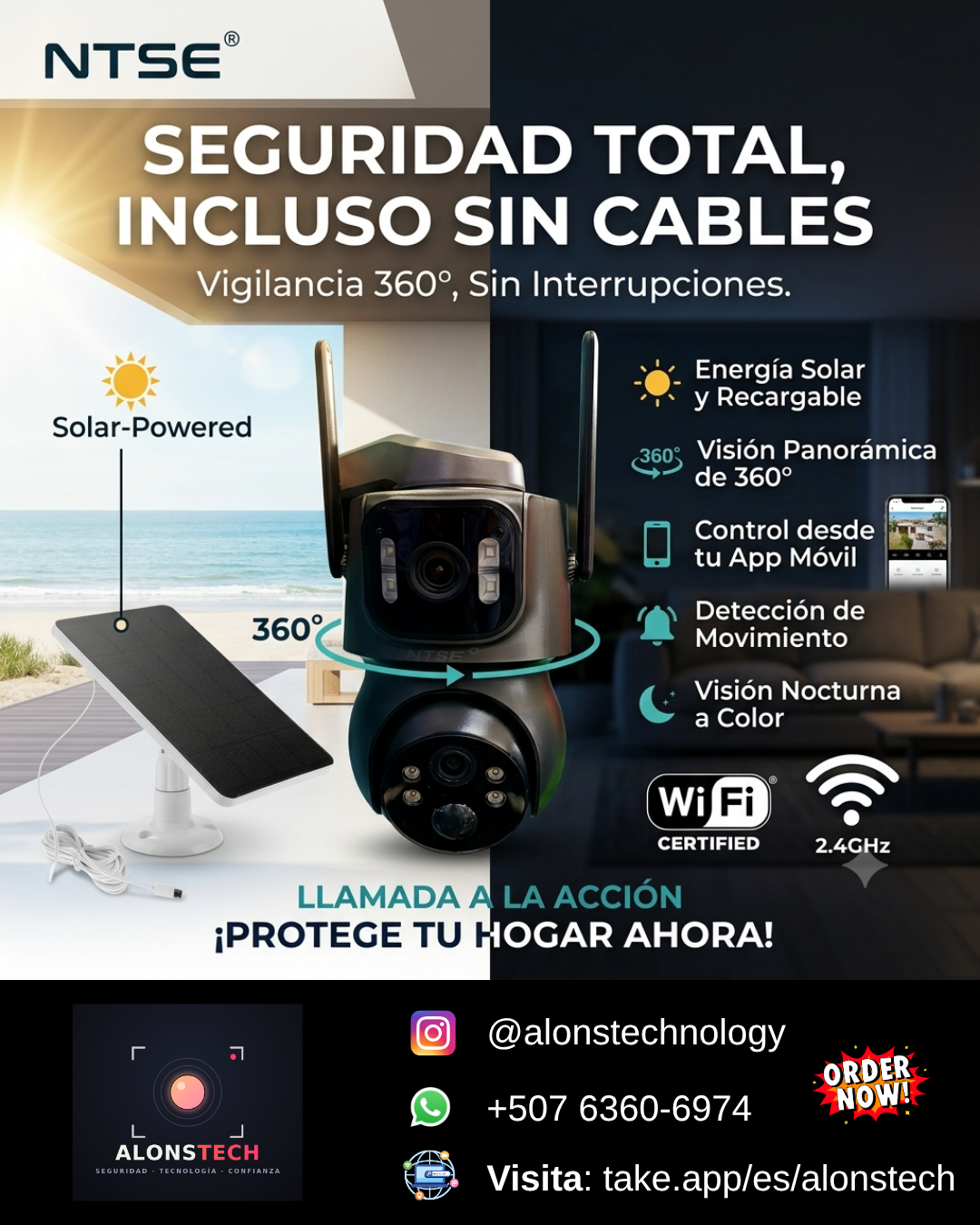 Cámara de Seguridad Solar IP PTZ Dual Lens 6MP Wi-Fi NTSE NT-TQS7 (Negra)