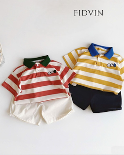 Striped Polo & Khaki Shorts Set — H0226B37