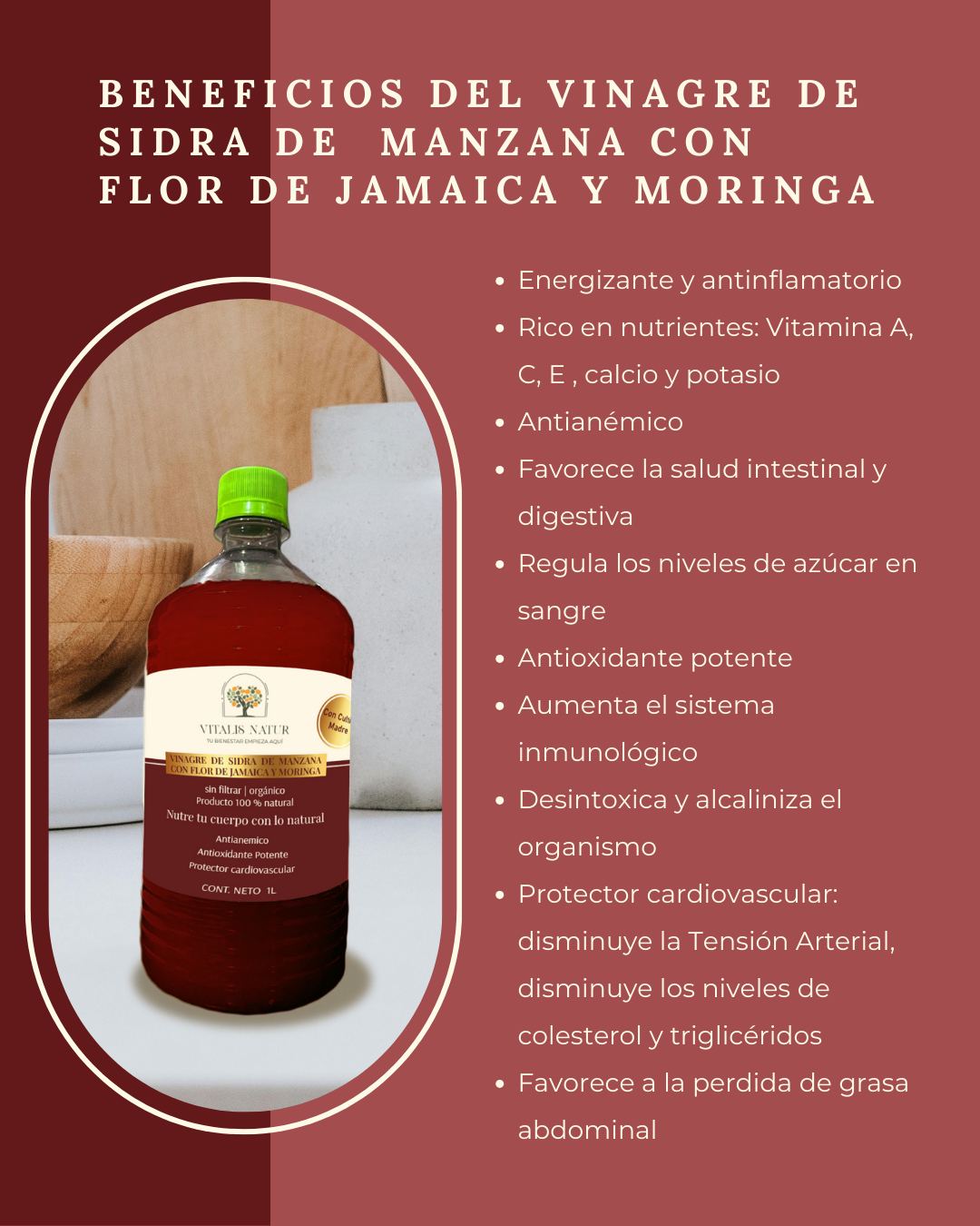 Vinagre de sidra de manzana con Jamaica y Moringa