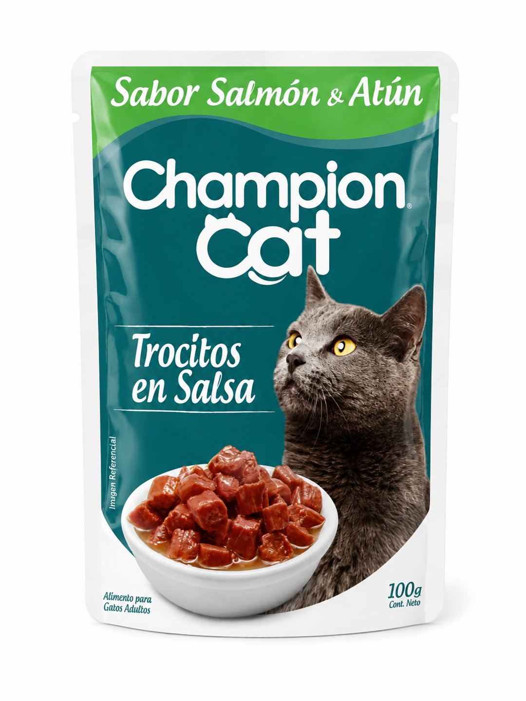 Trocitos En Salsa Sabor Salmón y Atún 100 gr Champion Cat