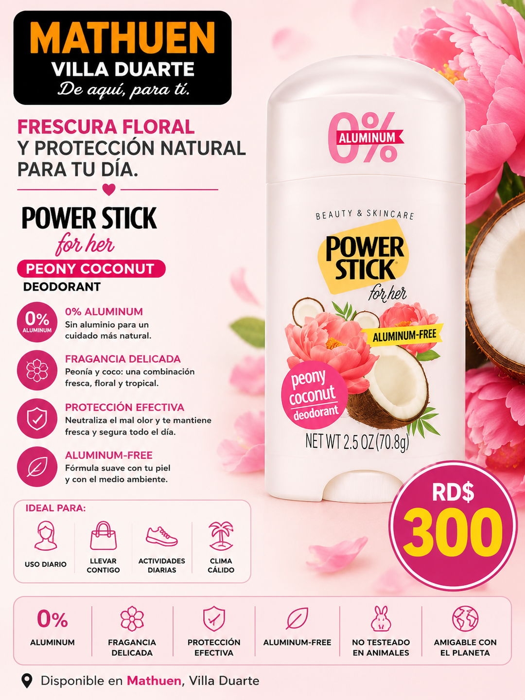 Desodorante Power stick - Peony Coconut 
