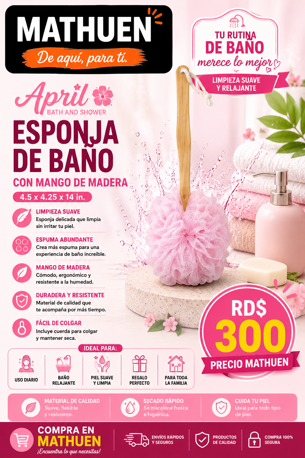 Esponja de Baño Con Mango de Madera