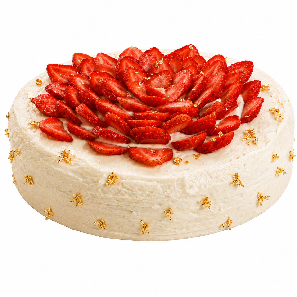 Pastel de tres leches relleno de fresas, con betún de queso crema y hojuelas de oro_1