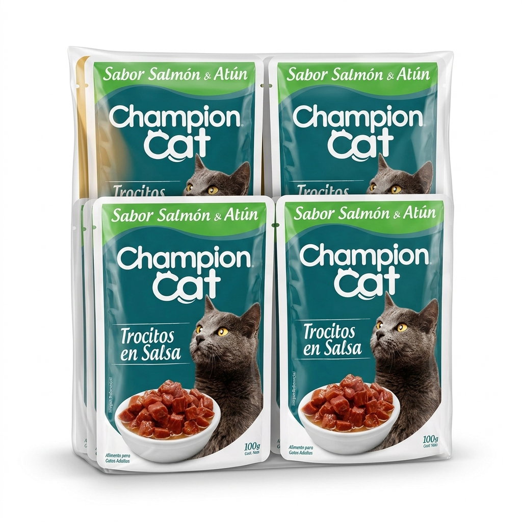 Trocitos En Salsa Sabor Salmón y Atún 100 gr Champion Cat — Pack 4 Unidades_0