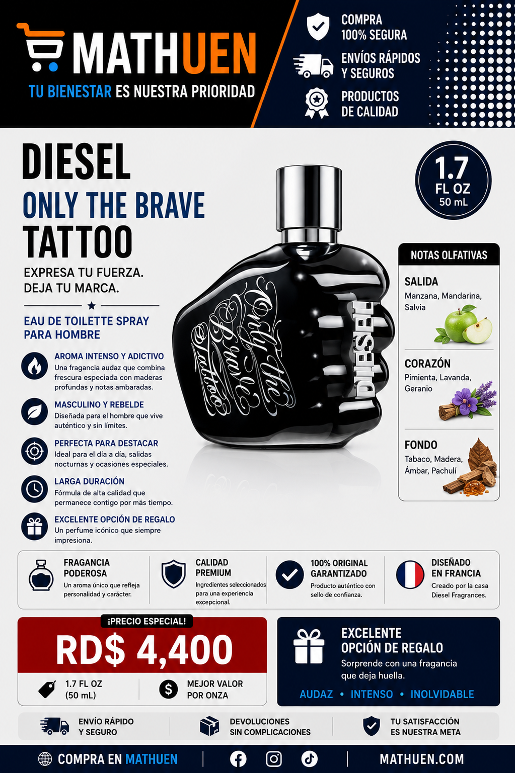 Diesel Only The Brave Tattoo EDT for Men — 1.7 oz