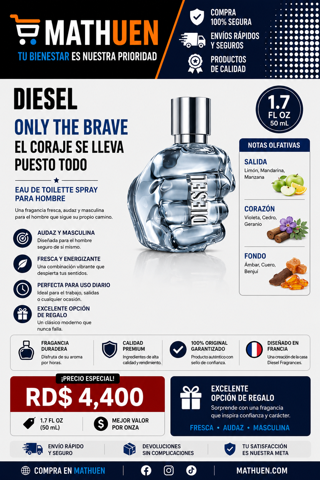 Diesel Only The Brave EDT for Men — 1.7 oz