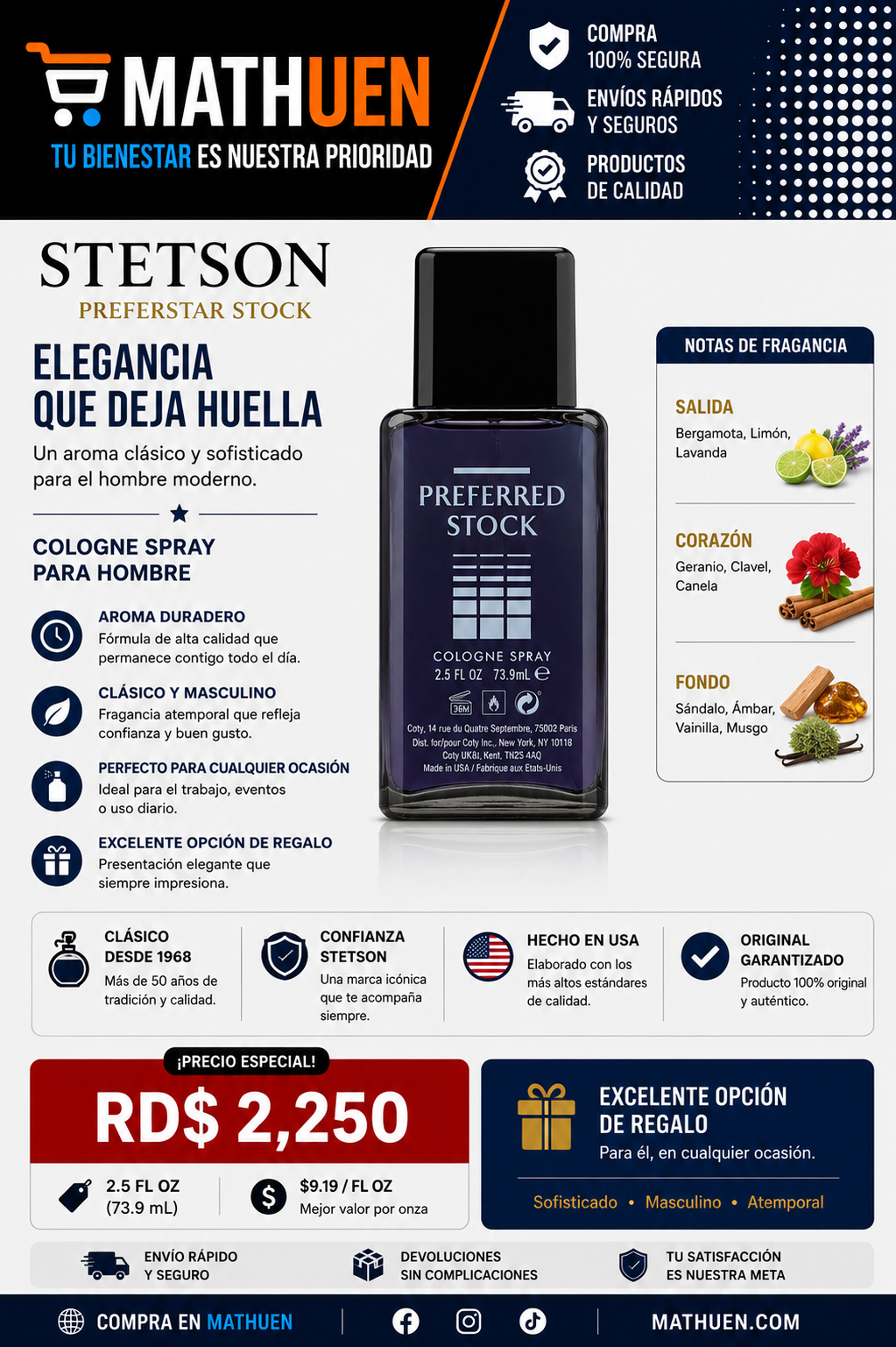 Stetson Preferred Stock EDT for Men — 2.5 oz