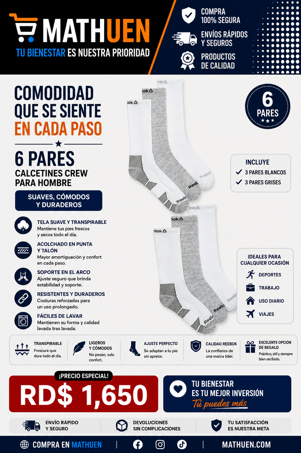 Reebok Pro Series Crew Socks blancas/grises — 6 pares