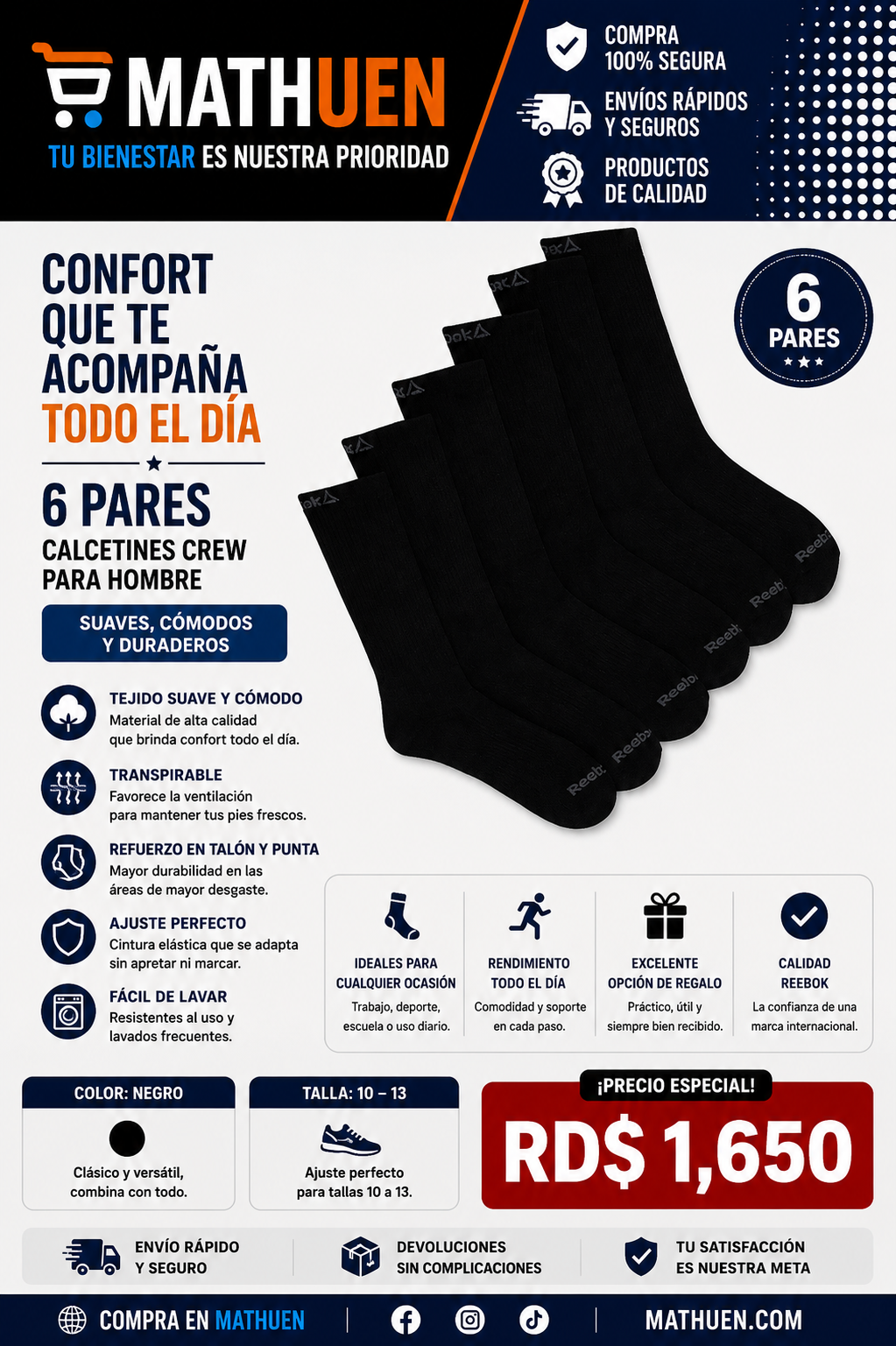 Reebok Pro Series Crew Socks negras — 6 pares