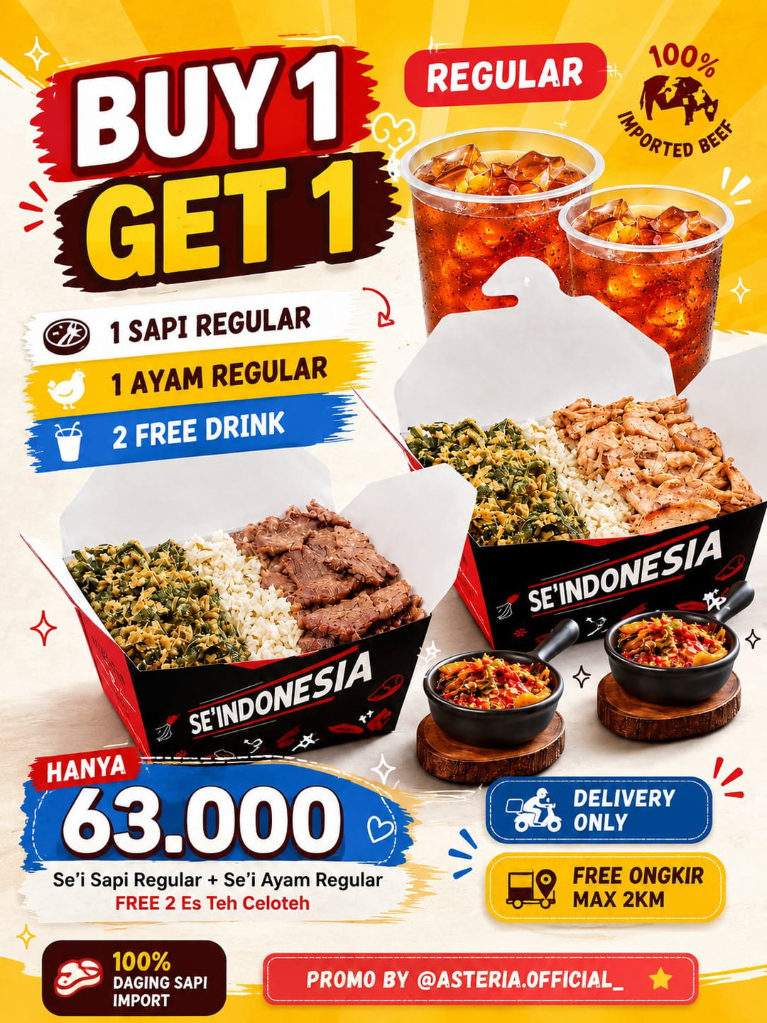Sei Sapi reguler+Sei Ayam reguler+Free 2 es teh celoteh