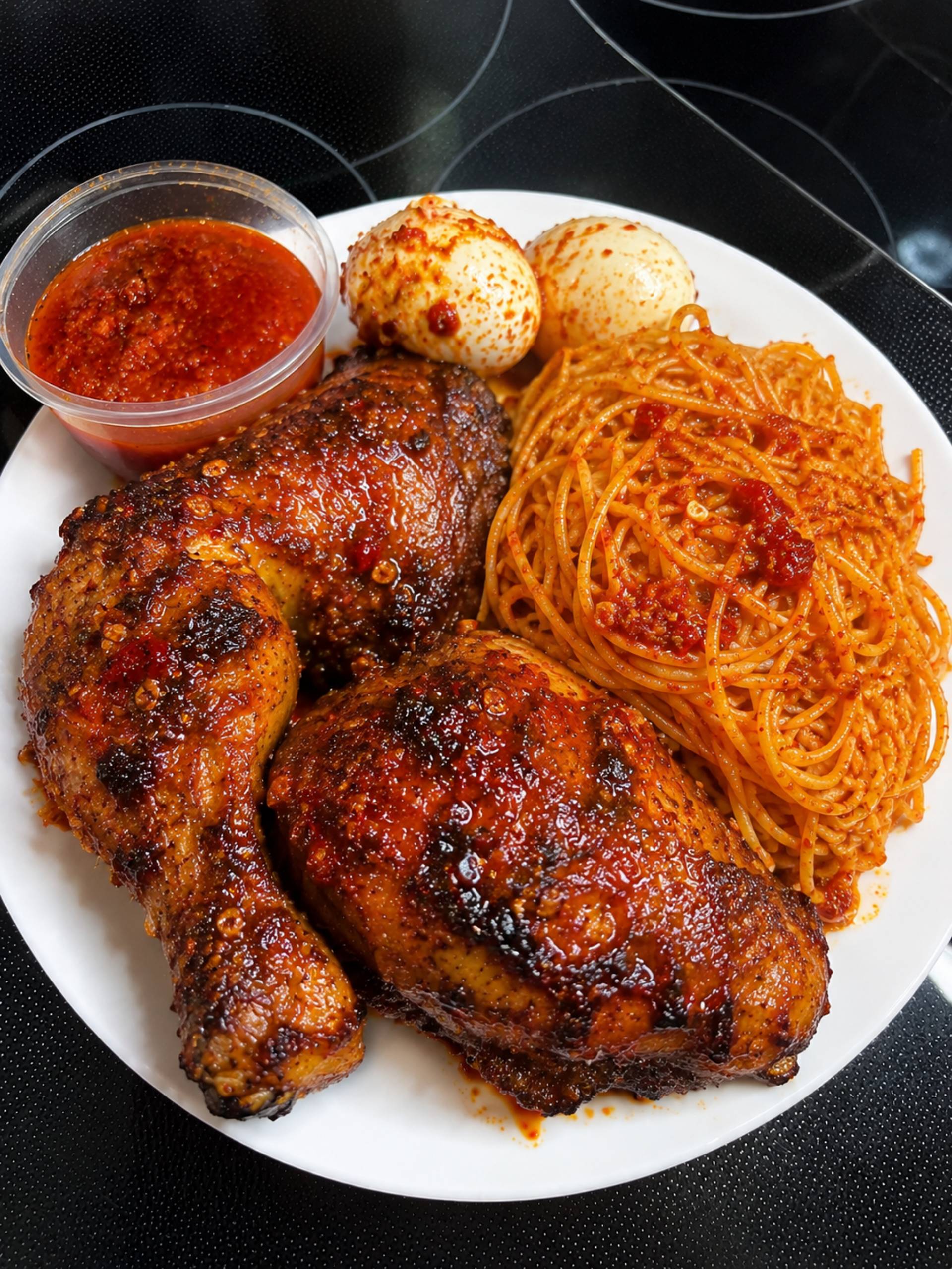 Cuisse de poulet braisé+spaghetti et oeufs_0