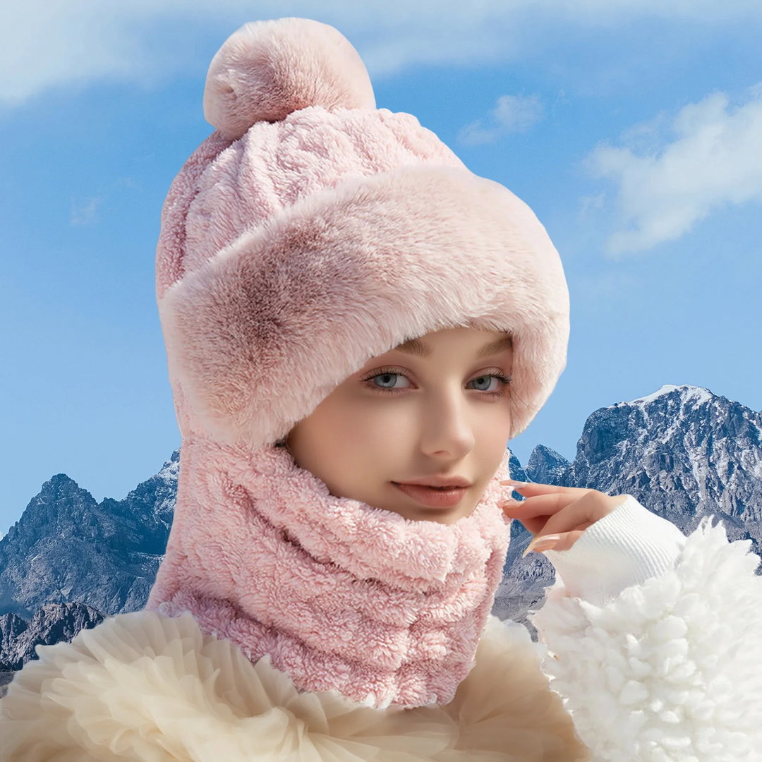 Women's Winter Plush Hat with Integrated Scarf and Mask
