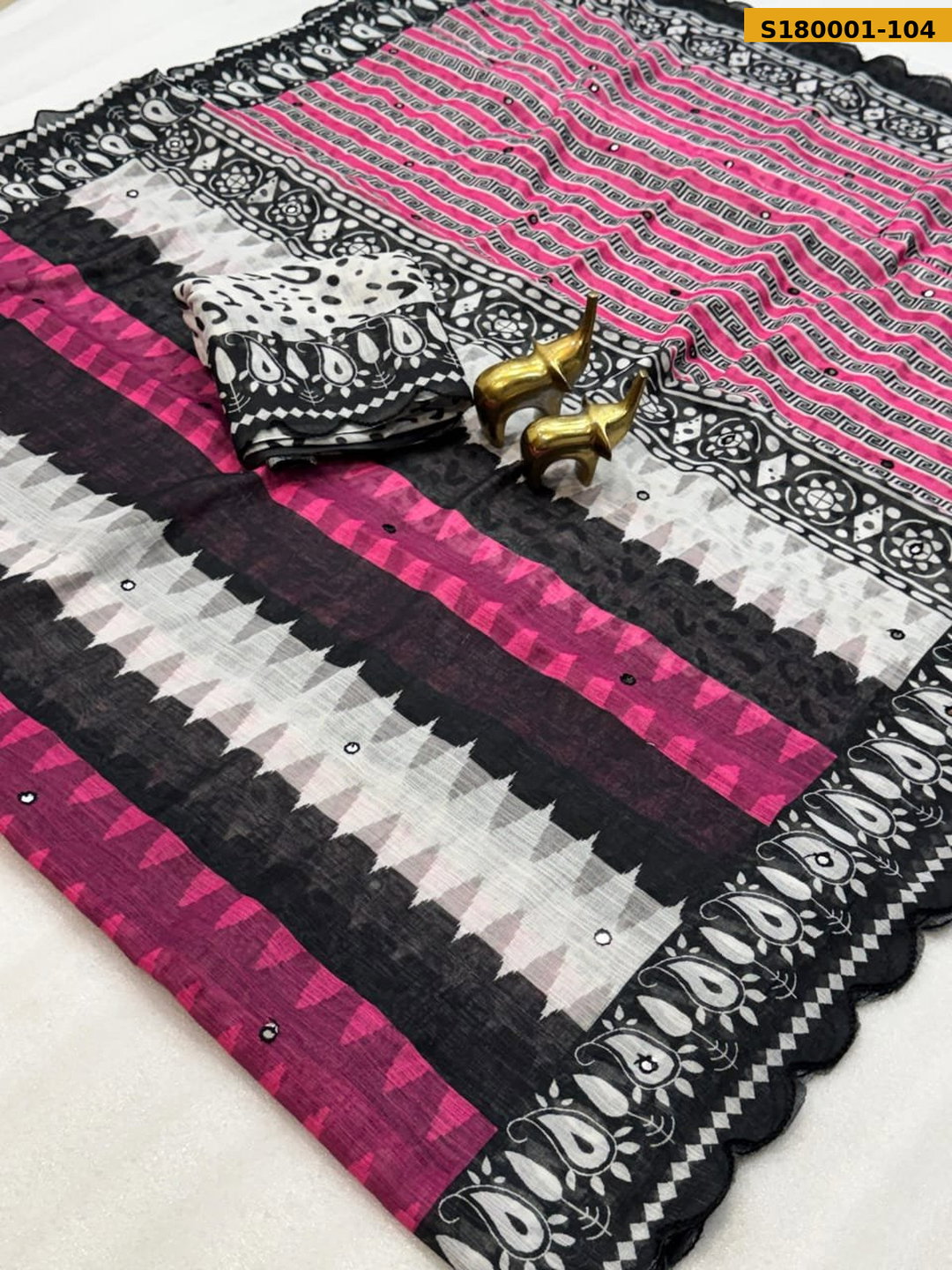Fancy Soft Linen Cotton Zigzag Printed Saree ST