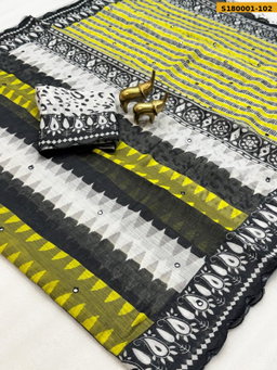 Fancy Soft Linen Cotton Zigzag Printed Saree ST