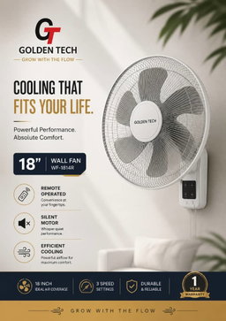 *GoldenTech *18 inch* WALL FAN (remote operated)  pieces