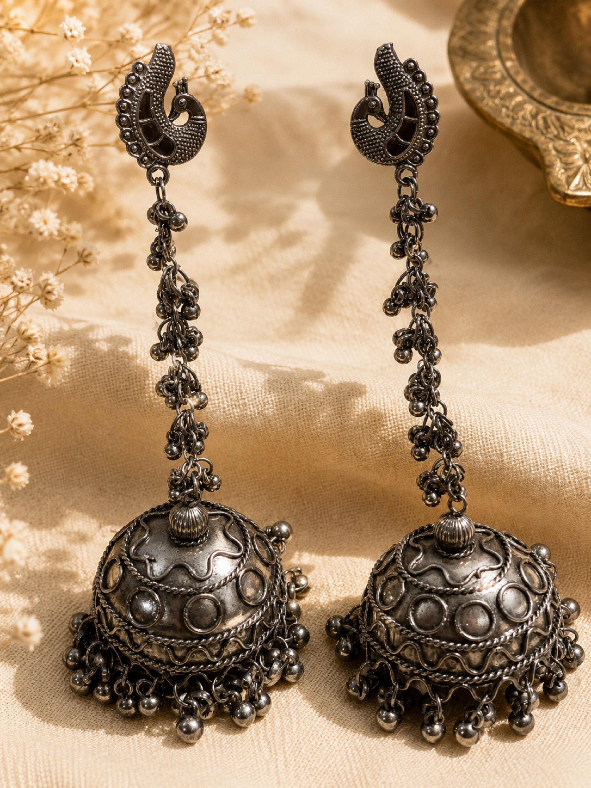 Mohini – Silver Tone Peacock On A Moon Earrings_0