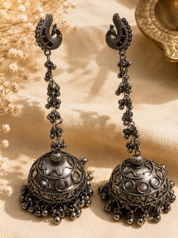 Mohini – Silver Tone Peacock On A Moon Earrings