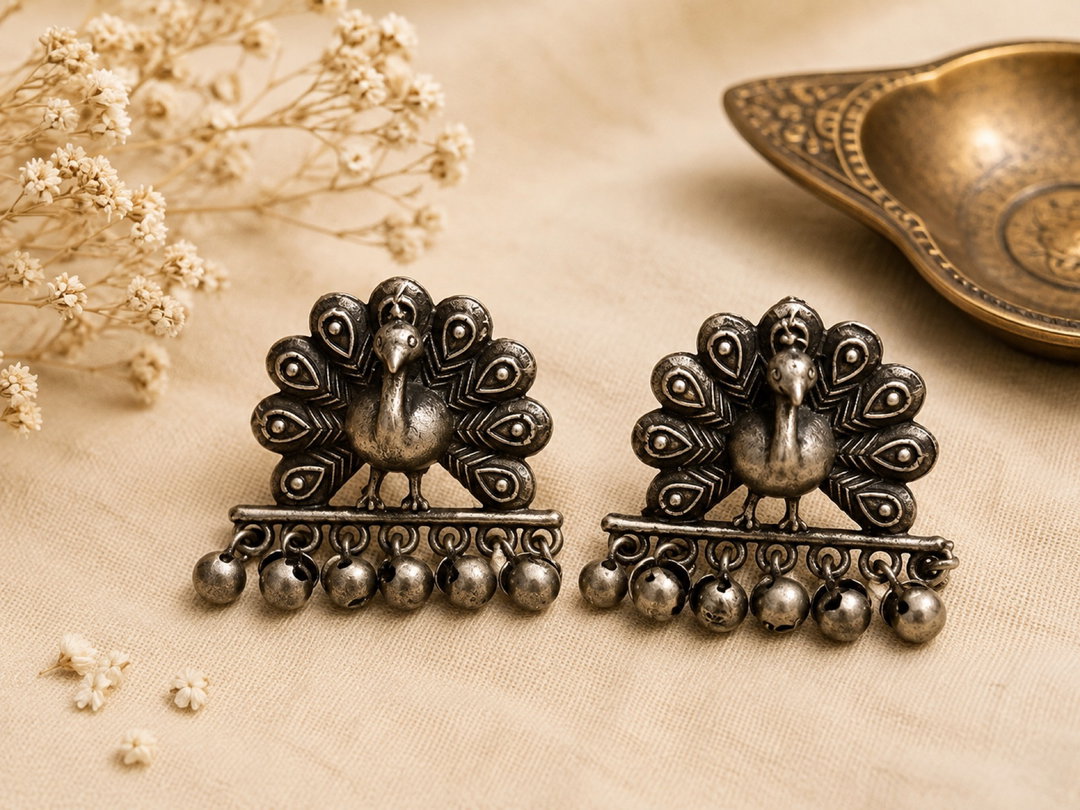 Mor – German Silver Peacock Ghungroo Studs