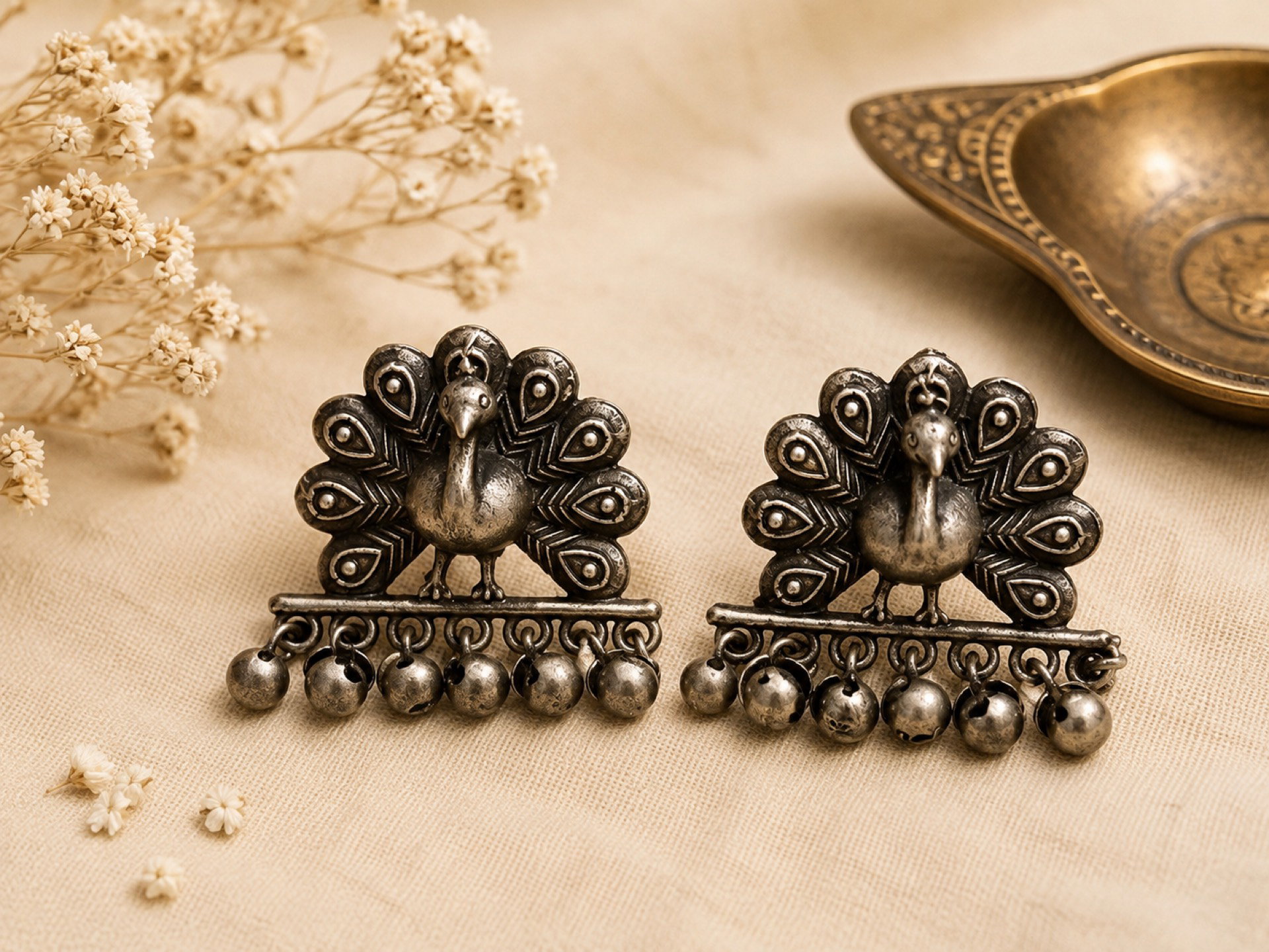 Mor – German Silver Peacock Ghungroo Studs_0