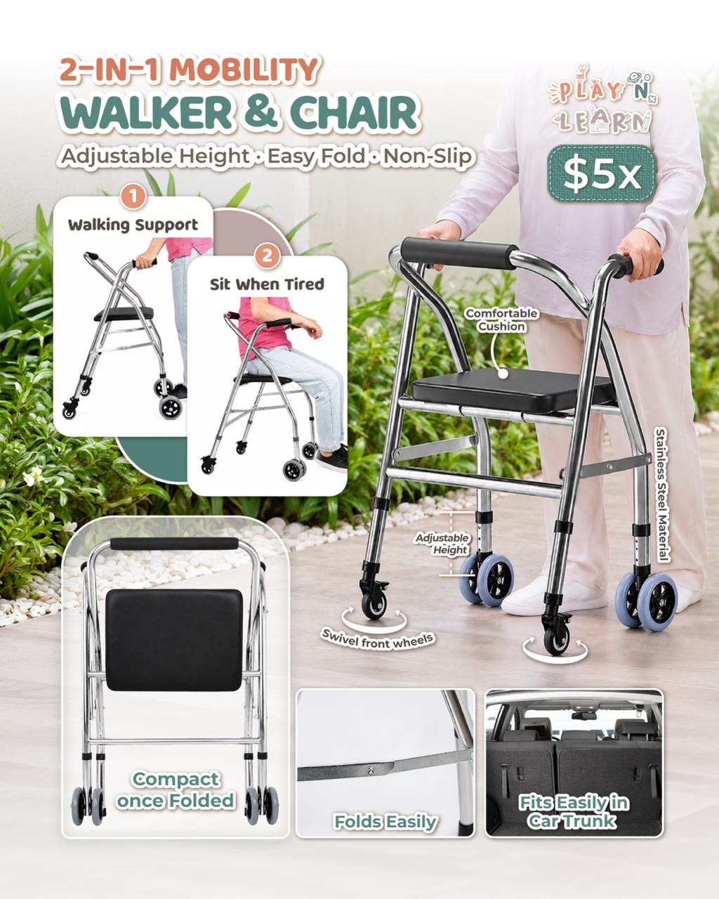2-IN-1 MOBILITY WALKER & CHAIR 